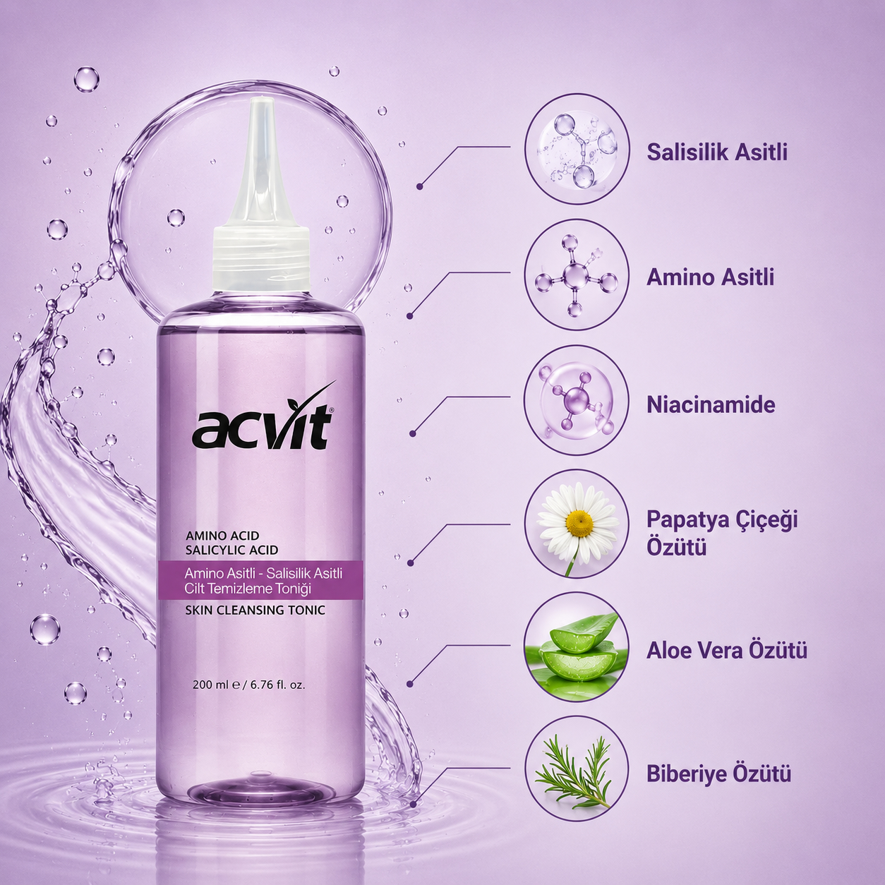 Amino Asitli - Salisilik Asitli Cilt Temizleme Toniği – 200 ML. - Görsel 3