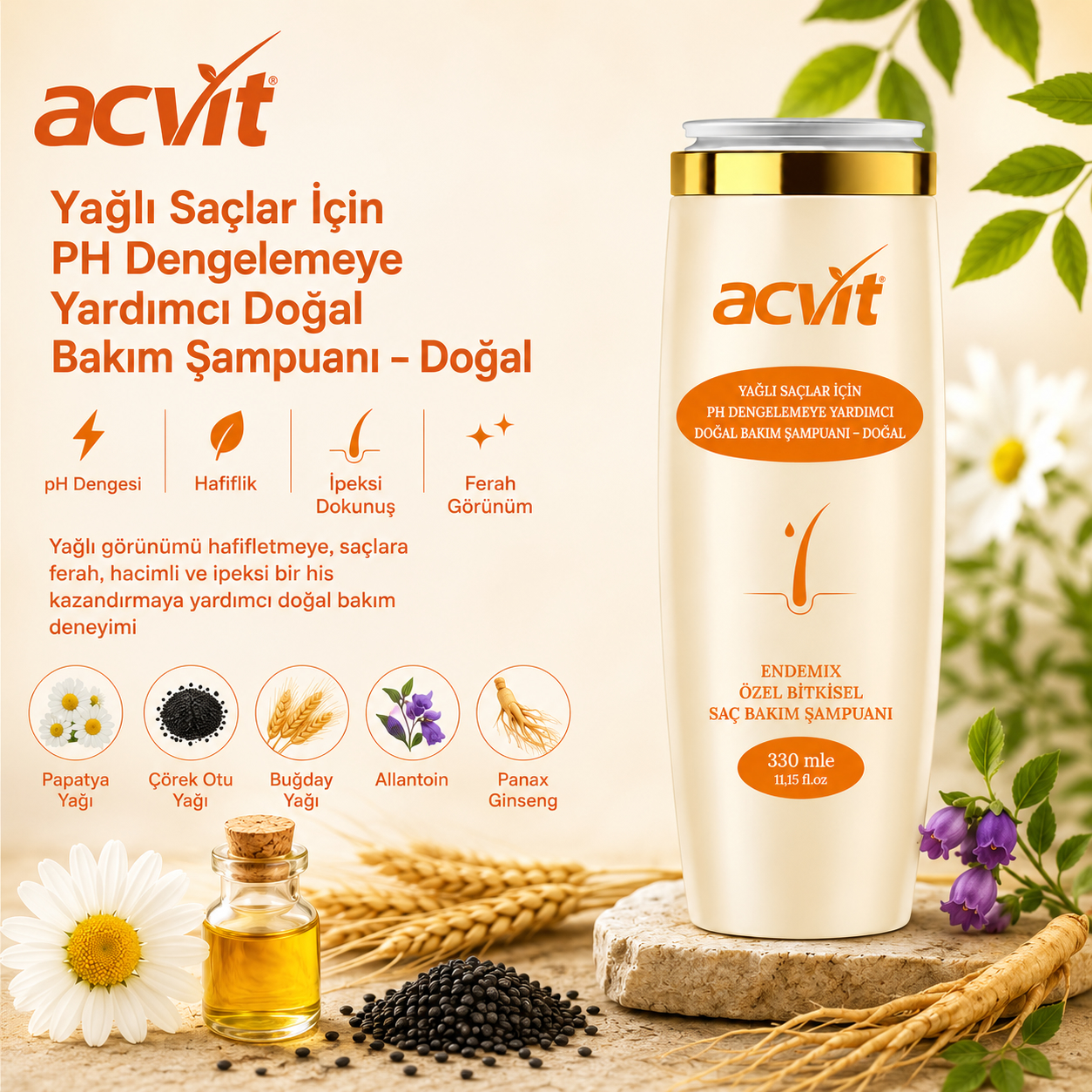 Yağlı Saçlar İçin PH Dengelemeye Yardımcı Doğal Bakım Şampuanı – 330 Ml. – Doğal - Unisex - Görsel 2