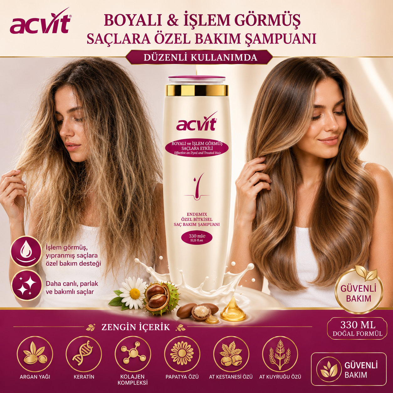 Boyalı ve İşlem Görmüş Yıpranmış Saçlar İçin Bakım Şampuanı – 330 ML. / Doğal / Unisex - Görsel 3