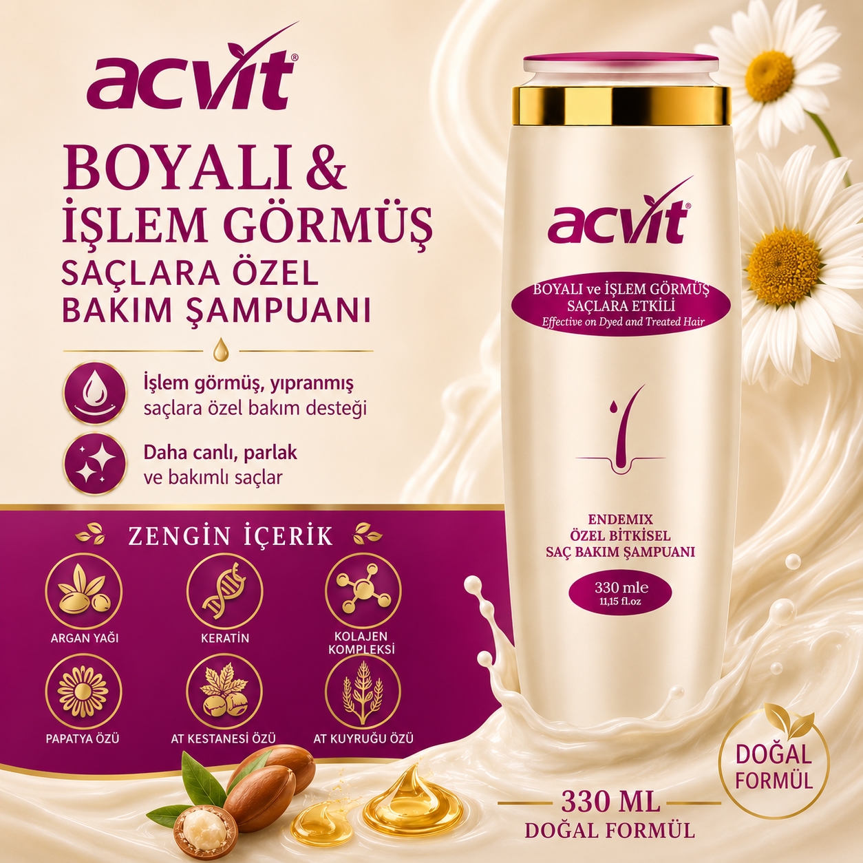 Boyalı ve İşlem Görmüş Yıpranmış Saçlar İçin Bakım Şampuanı – 330 ML. / Doğal / Unisex - Görsel 2