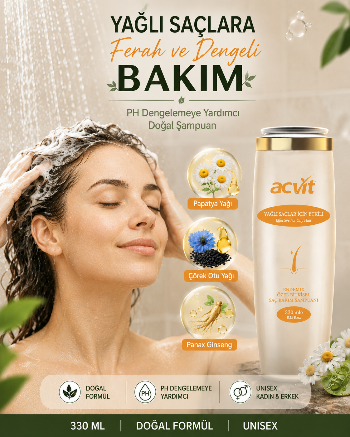 Yağlı Saçlar İçin PH Dengelemeye Yardımcı Doğal Bakım Şampuanı – 330 Ml. – Doğal - Unisex - Görsel 5
