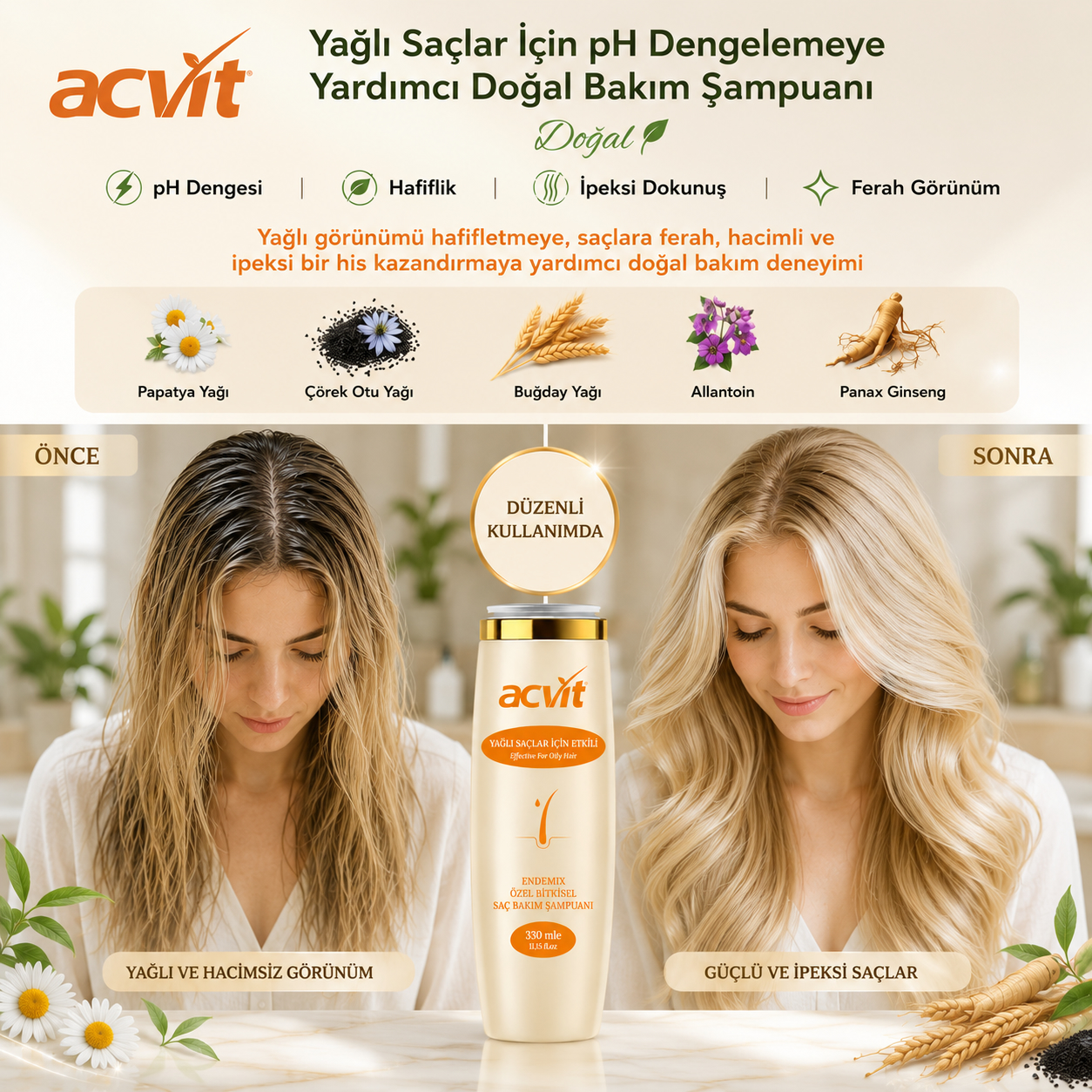 Yağlı Saçlar İçin PH Dengelemeye Yardımcı Doğal Bakım Şampuanı – 330 Ml. – Doğal - Unisex - Görsel 3